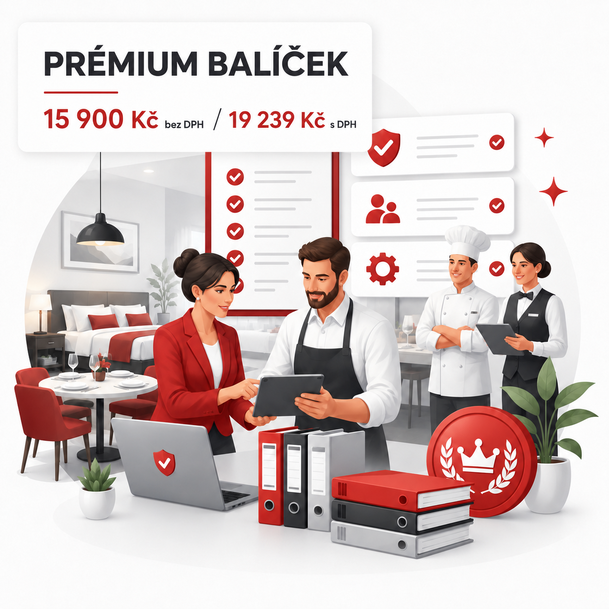 Tento balíček je určen pro provozy, které kromě gastro části provozují také ubytování. Typicky se hodí pro penziony, hotely, apartmány, ubytovny, restaurace s pokoji nebo provozy, kde se kombinuje restaurace, snídaně, polopenze, ubytování a služby pro hosty.
Ubytování není jen "pár pokojů navíc". Přidává další povinnosti v oblasti evidence hostů, ubytovacího řádu, GDPR, požární ochrany, bezpečnosti hostů, provozních pravidel, kamerového systému, reklamačních postupů a návaznosti mezi restaurační a ubytovací částí.