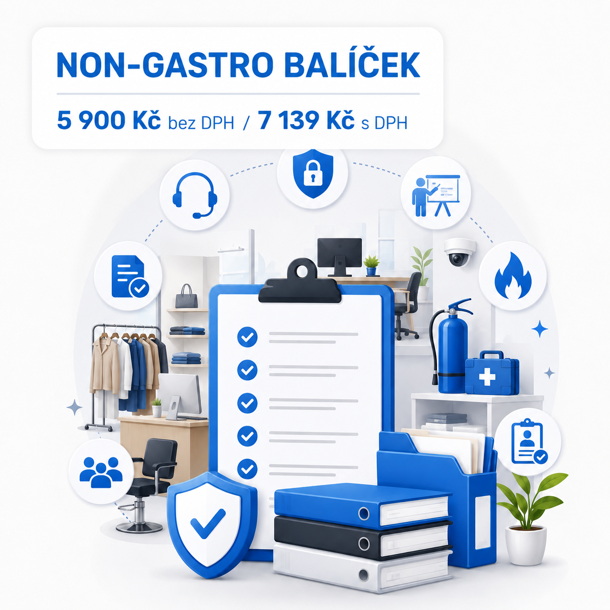 Non-gastro balíček je určen pro provozy, které nepracují s potravinami jako gastro provoz, ale přesto musí řešit povinnou provozní dokumentaci, BOZP, požární ochranu, GDPR, reklamační pravidla, evidence, revize a školení zaměstnanců.